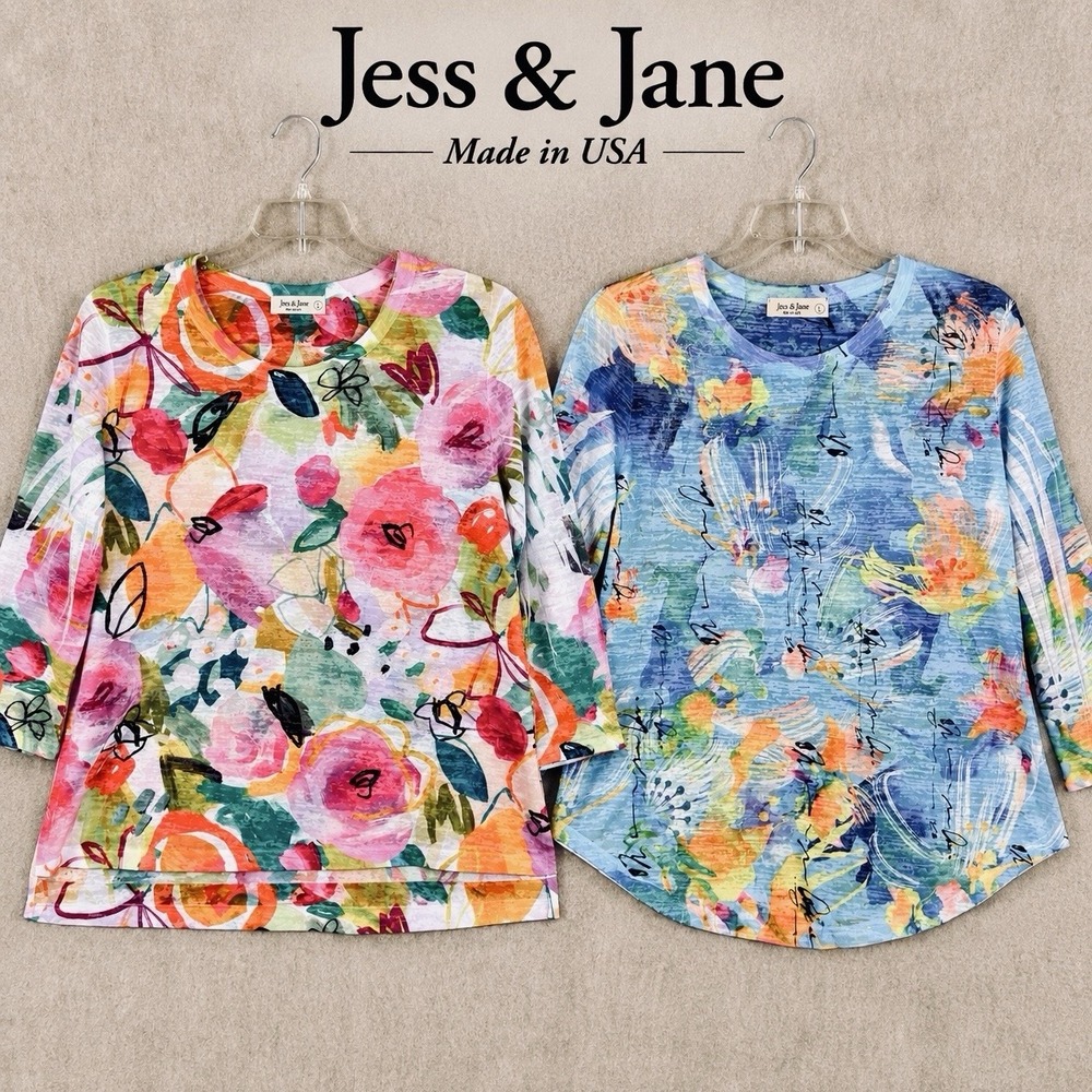 Jess & Jane Womens Large Tops Lot of 2 Floral Art Print 3/4 Sleeve Made USA